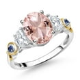 thumbnail image 1 of Gem Stone King 925 Silver and 10K Yellow Gold 3-Stone Ring Oval Peach Nano Morganite and Moissanite (2.50 Cttw, Size 9), 1 of 3