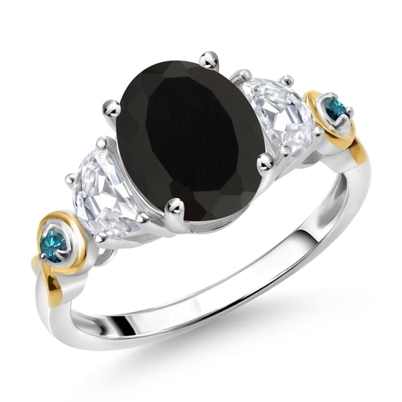 Gem Stone King 925 Silver and 10K Yellow Gold 3-Stone Ring Oval Black Onyx and Moissanite (2.51 Cttw, Size 5)