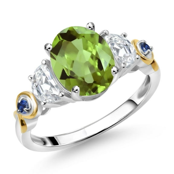 Gem Stone King 925 Silver and 10K Yellow Gold 3-Stone Ring Oval Green Peridot and Moissanite (2.60 Cttw, Size 9)