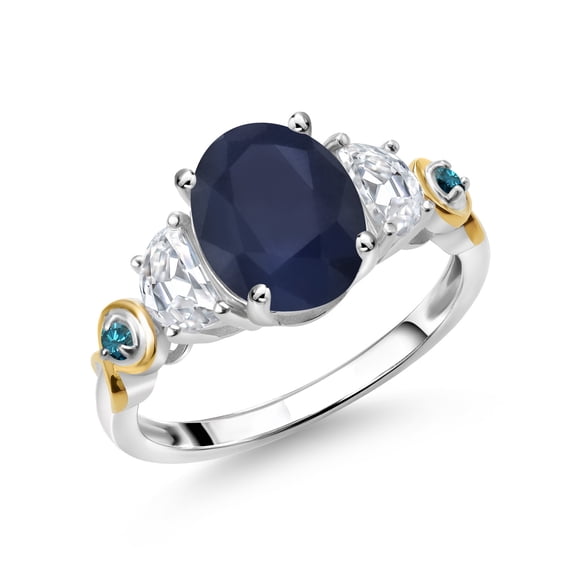 Gem Stone King 925 Silver and 10K Yellow Gold 3-Stone Ring Oval Blue Sapphire and Moissanite (2.71 Cttw, Size 7)