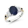 thumbnail image 1 of Gem Stone King 925 Silver and 10K Yellow Gold 3-Stone Ring Oval Blue Sapphire and Moissanite (2.71 Cttw, Size 8), 1 of 3
