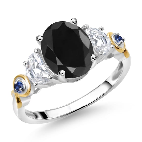 Gem Stone King 925 Silver and 10K Yellow Gold 3-Stone Ring Oval Black Sapphire and Moissanite (3.00 Cttw, Size 9)