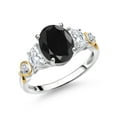 thumbnail image 1 of Gem Stone King 925 Silver and 10K Yellow Gold 3-Stone Ring Oval Black Sapphire and Moissanite (3.00 Cttw, Size 9), 1 of 3