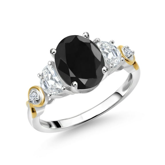 Gem Stone King 925 Silver and 10K Yellow Gold 3-Stone Ring Oval Black Sapphire and Moissanite (3.00 Cttw, Size 6)