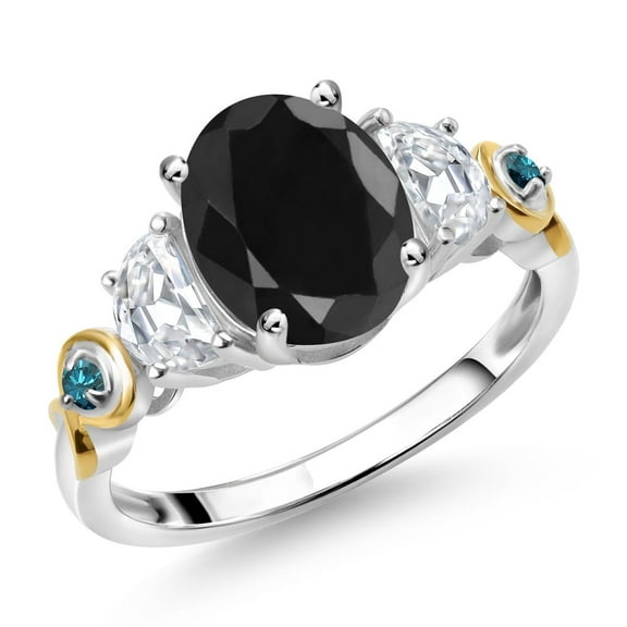 Gem Stone King 925 Silver and 10K Yellow Gold 3-Stone Ring Oval Black Sapphire and Moissanite (3.01 Cttw, Size 8)