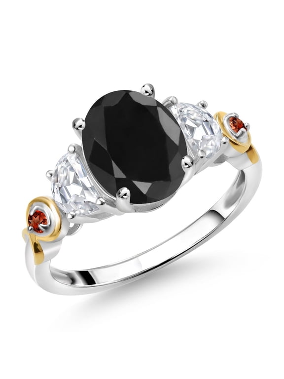 925 Silver and 10K Yellow Gold 3-Stone Ring Oval Black Sapphire and Moissanite (3.03 Cttw, Size 8)
