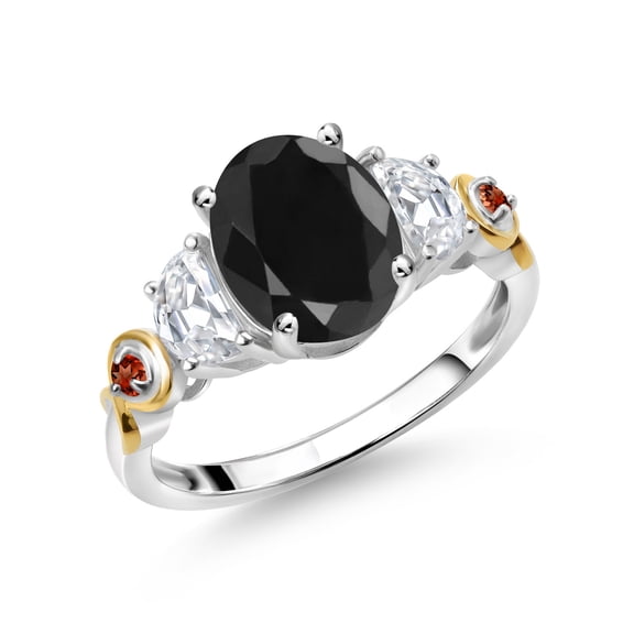 Gem Stone King 925 Silver and 10K Yellow Gold 3-Stone Ring Oval Black Sapphire and Moissanite (3.03 Cttw, Size 8)