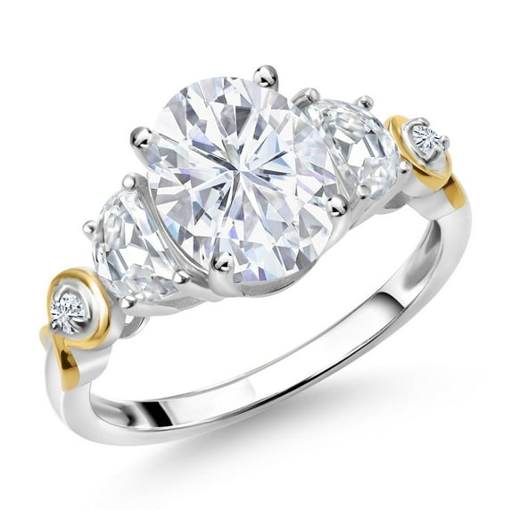 Gem Stone King 925 Silver and 10K Yellow Gold 3-Stone Ring Set with Moissanite (2.60 Cttw) (Size 5)