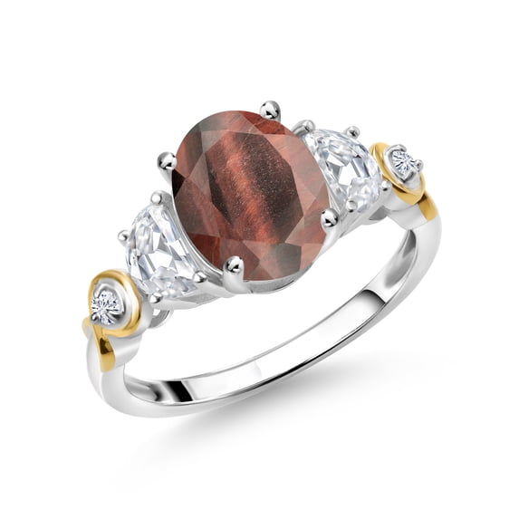 Gem Stone King 925 Silver and 10K Yellow Gold 3-Stone Ring Oval Red Tiger Eye and Moissanite (2.00 Cttw, Size 6)