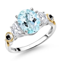 Gem Stone King 925 Silver and 10K Yellow Gold 3-Stone Ring Oval Sky Blue Topaz and Moissanite (2.51 Cttw, Size 6)