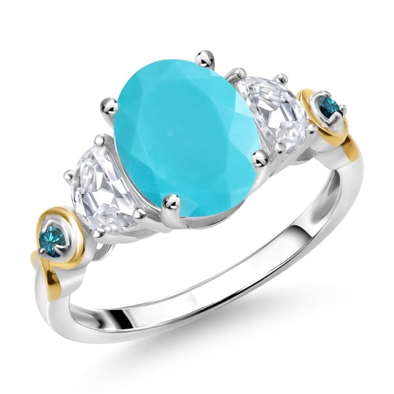 Gem Stone King 925 Silver and 10K Yellow Gold 3-Stone Ring Oval Green Turquoise and Moissanite (2.01 Cttw, Size 9)
