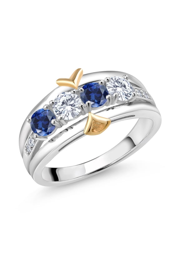 925 Silver and 10K Yellow Gold 4-Stone Lab Grown Diamond Band Ring Created Sapphire Moissanite (1.01 Cttw, Size 7)