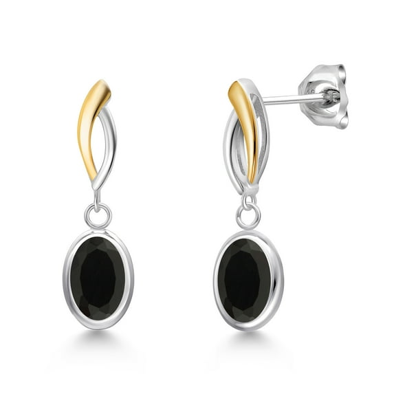 Gem Stone King 925 Silver and 10K Yellow Gold Black Onyx Earrings for Women | 3.20 Cttw | Gemstone December Birthstone | Oval 8X6MM