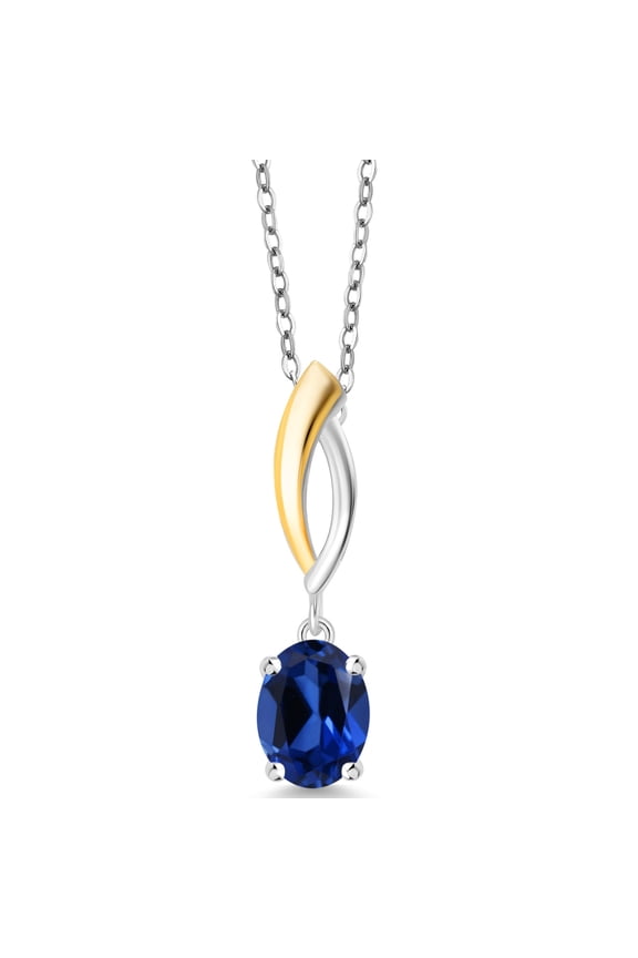 925 Silver and 10K Yellow Gold Blue Created Sapphire Pendant Necklace for Women (1.60 Ct Oval 8X6MM, with 18 inch Chain)