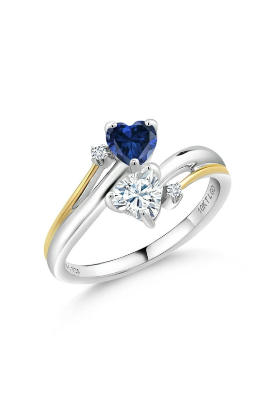 925 Silver and 10K Yellow Gold Blue Created Sapphire and Moissanite 2 Promise Couple Engagement Mother Ring (1.02 Cttw)
