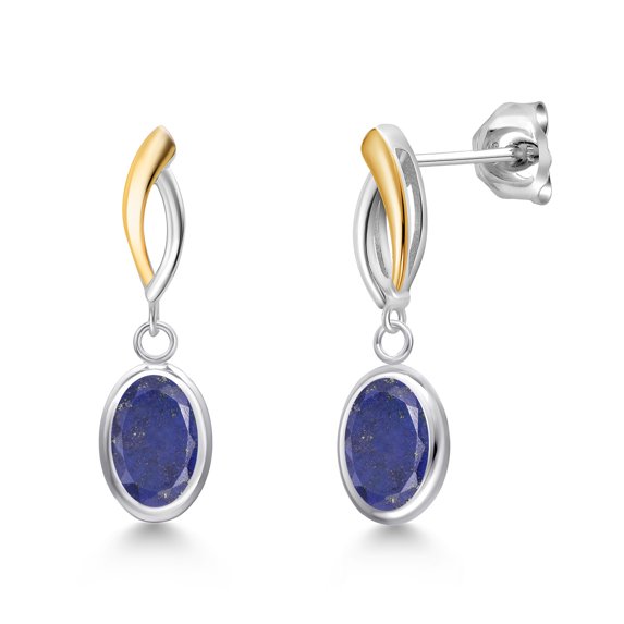 Gem Stone King 925 Silver and 10K Yellow Gold Blue Lapis Earrings for Women | 2.80 Cttw | Gemstone Birthstone | Oval 8X6MM