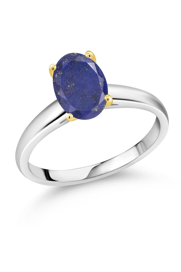 925 Silver and 10K Yellow Gold Blue Lapis Solitaire Engagement Ring for Women | 2.00 Cttw | Oval 9X7MM | Gemstone Birthstone (Size 9)