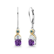 Gem Stone King 925 Silver and 10K Yellow Gold Dangle Earrings Cushion Amethyst Half Moon Moissanite and Blue Diamond (1.59 Carat Cttw)