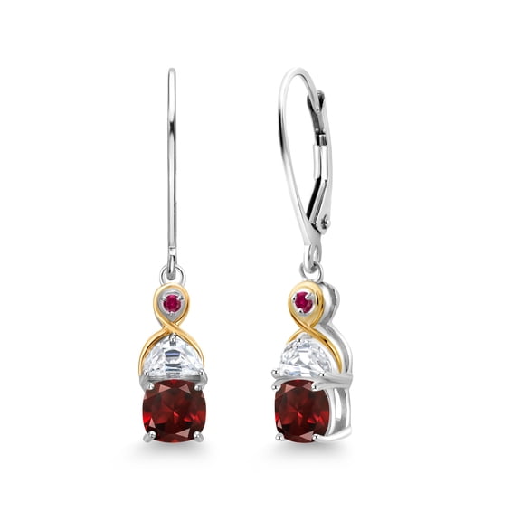 Gem Stone King 925 Silver and 10K Yellow Gold Dangle Earrings Cushion Garnet Half Moon Moissanite (2.10 Carat Cttw)