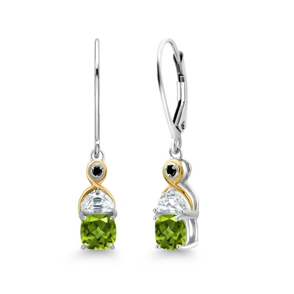 Gem Stone King 925 Silver and 10K Yellow Gold Dangle Earrings Cushion Peridot Half Moon Moissanite and Black Diamond (1.71 Carat Cttw)