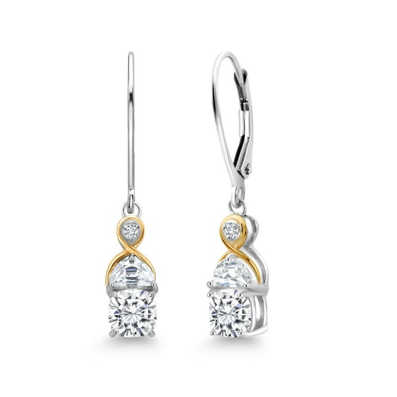 Gem Stone King 925 Silver and 10K Yellow Gold Dangle Earrings Set with Cushion and Half Moon Moissanite (1.76 Carat Cttw)