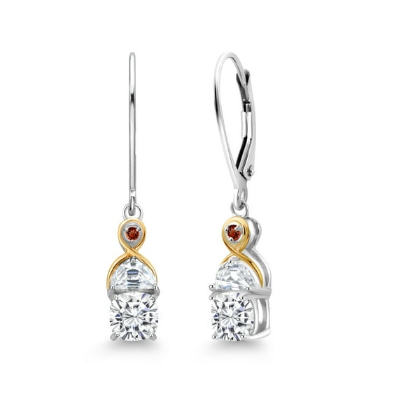 Gem Stone King 925 Silver and 10K Yellow Gold Dangle Earrings Set with Cushion and Half Moon Moissanite (1.76 Carat Cttw)