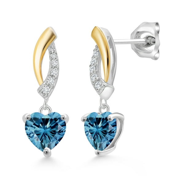 Gem Stone King 925 Silver and 10K Yellow Gold Earrings Persian Blue Moissanite Lab Grown Diamond (1.67 Cttw)