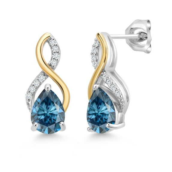 Gem Stone King 925 Silver and 10K Yellow Gold Earrings Persian Blue Moissanite Lab Grown Diamond (2.39 Cttw)