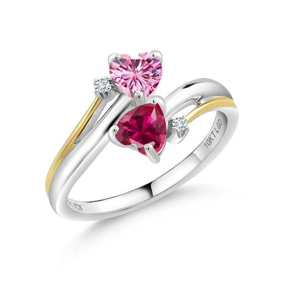 Gem Stone King 925 Silver and 10K Yellow Gold Four Heart Ring 5x5mm Heart Shape Pink Moissanite Created Ruby (1.12 Cttw)