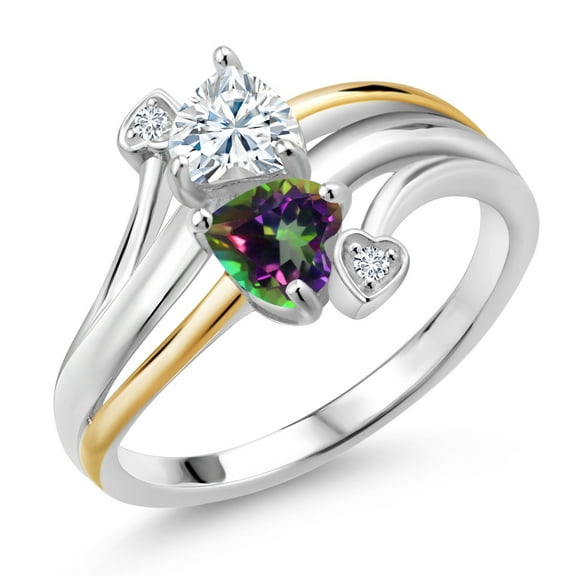 Gem Stone King 925 Silver and 10K Yellow Gold Green Mystic Topaz Lab Grown Diamond Ring Set with Moissanite (1.04 Cttw, Size 9)