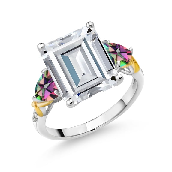 Gem Stone King 925 Silver and 10K Yellow Gold Green Mystic Topaz Ring Set with Moissanite (8.60 Cttw) (Size 9)