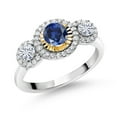 thumbnail image 1 of Gem Stone King 925 Silver and 10K Yellow Gold Lab Grown Diamond 3 Stone Women Engagement Ring Created Sapphire Moissanite (0.76 Cttw, Size 5), 1 of 3
