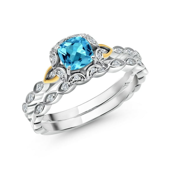 Gem Stone King 925 Silver and 10K Yellow Gold Lab Grown Diamond Bridal Ring Set for Women Swiss Blue Topaz (0.78 Cttw, 5mm Cushion Cut, Size 6)