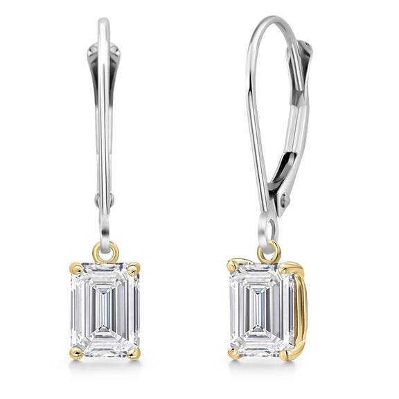 Gem Stone King 1.30 Cttw Lab Grown Diamond Dangle Earrings for Women | 925 Silver and 10K Yellow Gold | Gemstone April Birthstone | Emerald Cut 6X4MM | DEF Color | VVS-VS Clarity