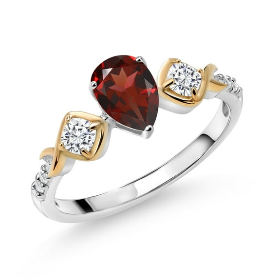 Gem Stone King 925 Silver and 10K Yellow Gold Lab Grown Diamond Ring Garnet Moissanite (1.08 Cttw, Size 6)