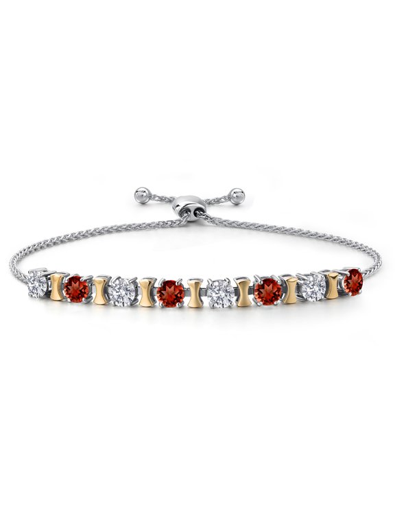 925 Silver and 10K Yellow Gold Lab Grown Diamond and Red Garnet Bracelet for Women | 2.56 Cttw | Gemstone April Birthstone | Round 4MM | Adjustable up to 9 inch