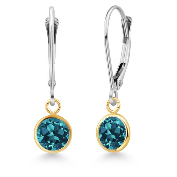 Gem Stone King 925 Silver and 10K Yellow Gold London Blue Topaz Dangle Earrings for Women | 2.20 Cttw | Gemstone November Birthstone | Round 6MM