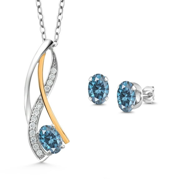 Gem Stone King 925 Silver and 10K Yellow Gold Pendant and Earrings Jewelry Set Persian Blue Moissanite Lab Grown Diamond (1.43 Cttw)