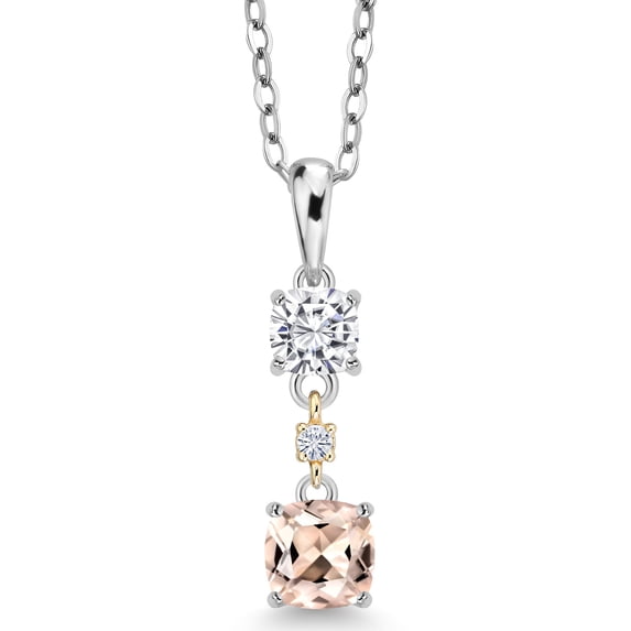Gem Stone King 925 Silver and 10K Yellow Gold Pendant with Chain Morganite Moissanite (0.86 Cttw)