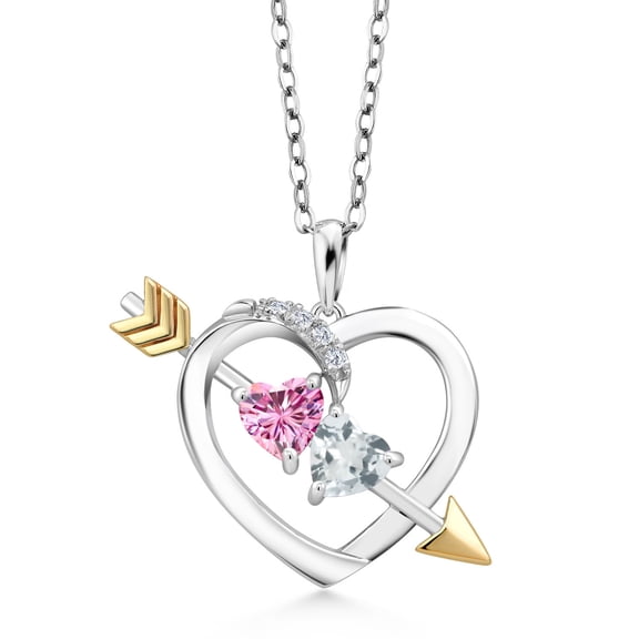 Gem Stone King 925 Silver and 10K Yellow Gold Pendant with Chain Pink Moissanite Aquamarine (0.96 Cttw)