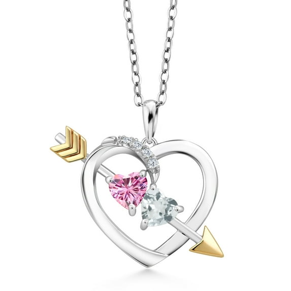 Gem Stone King 925 Silver and 10K Yellow Gold Pendant with Chain Pink Moissanite Aquamarine (0.96 Cttw)