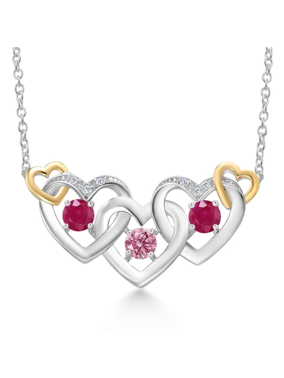 925 Silver and 10K Yellow Gold Pink Lab Grown Diamond Red Ruby Heart Shape Pendant Necklace for Women (1.01 Cttw, with 18 inch Chain)