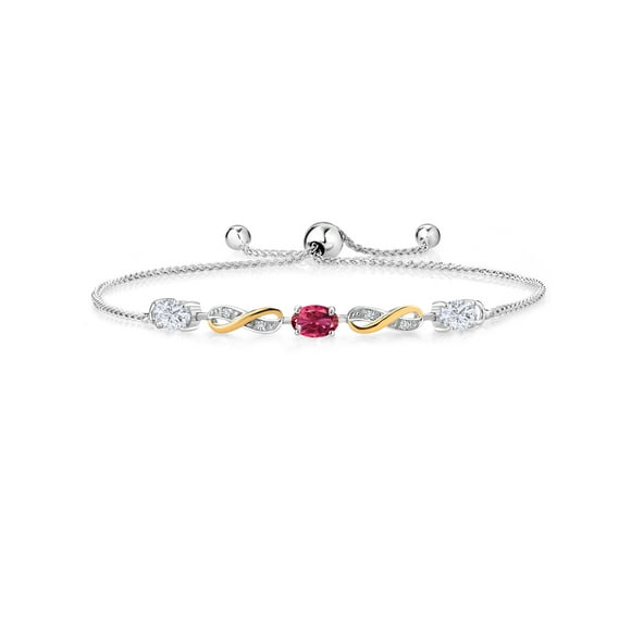 Gem Stone King 925 Silver and 10K Yellow Gold Pink Tourmaline Lab Grown Diamond Bracelet for Women Set with Moissanite (1.51 Cttw)