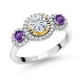 thumbnail image 1 of Gem Stone King 925 Silver and 10K Yellow Gold Purple Amethyst Lab Grown Diamond 3 Stone Women Engagement Ring Set with Moissanite (0.74 Cttw, Size 7), 1 of 3