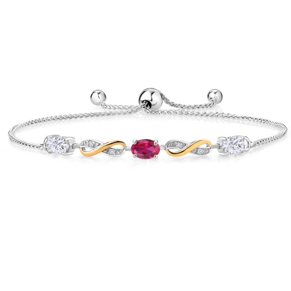 Gem Stone King 925 Silver and 10K Yellow Gold Red Created Ruby Lab Grown Diamond Bracelet for Women Set with Moissanite (1.53 Cttw)