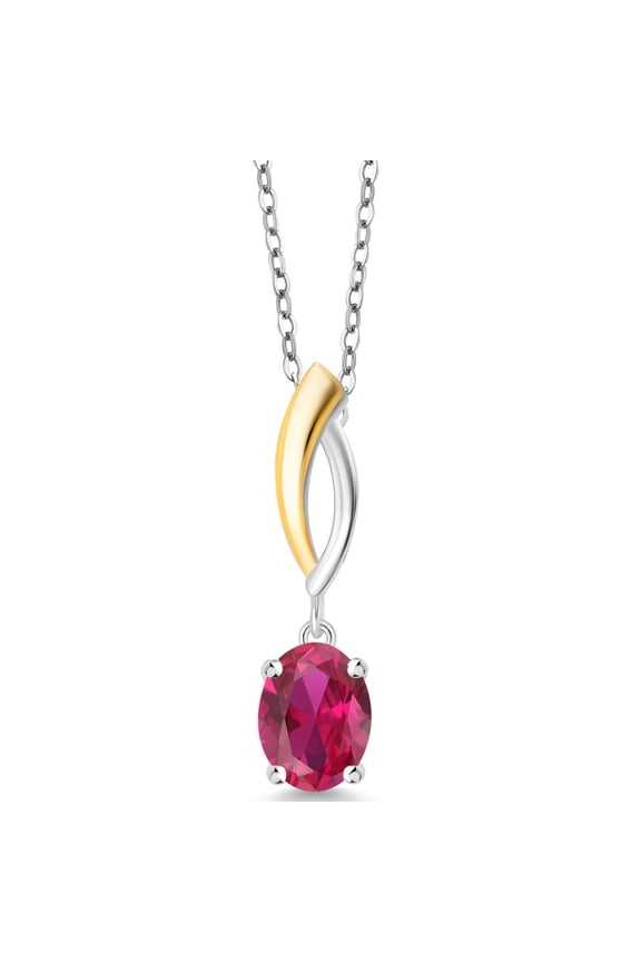 925 Silver and 10K Yellow Gold Red Created Ruby Pendant Necklace for Women (1.35 Cttw, Oval 8X6MM, with 18 inch Chain)