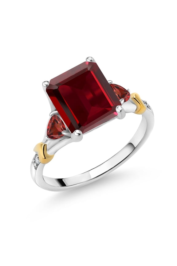 925 Silver and 10K Yellow Gold Red Garnet Engagement Ring for Women (4.32 Cttw, Emerald Cut 10X8MM, Trillion 3.5MM, Size 9)