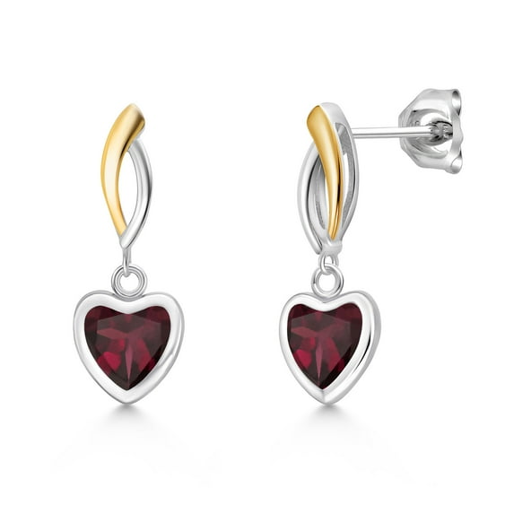 Gem Stone King 925 Silver and 10K Yellow Gold Red Rhodolite Garnet Earrings for Women | 1.44 Cttw | Gemstone January Birthstone | Heart Shape 6MM