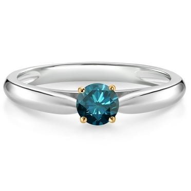 Gem Stone King 925 Silver and 10K Yellow Gold Ring Blue Diamond Solitaire Engagement Ring for Women (0.27 Cttw, Gemstone April Birthstone, Round 4MM)
