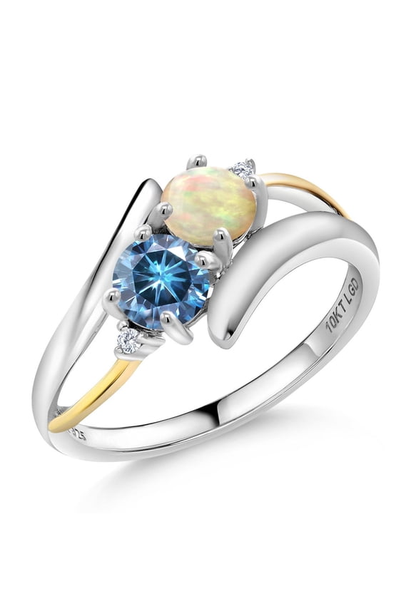 0.82 Cttw White Ethiopian Opal and Vivid Persian Blue Moissanite Ring for Women | 925 Silver and 10K Yellow Gold | Gemstone Birthstone (Size 5)